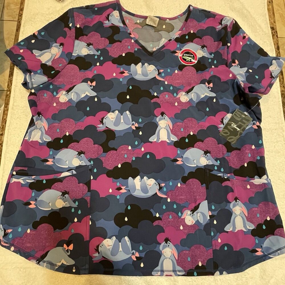 Disney Scrubs Eeyore Women’s Size 2X NWT Purple Scrub Top V Neck Pockets